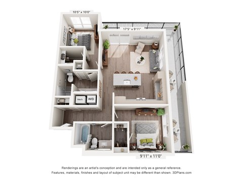 Floor plan for 2 beds, 2 baths, 996 sqft